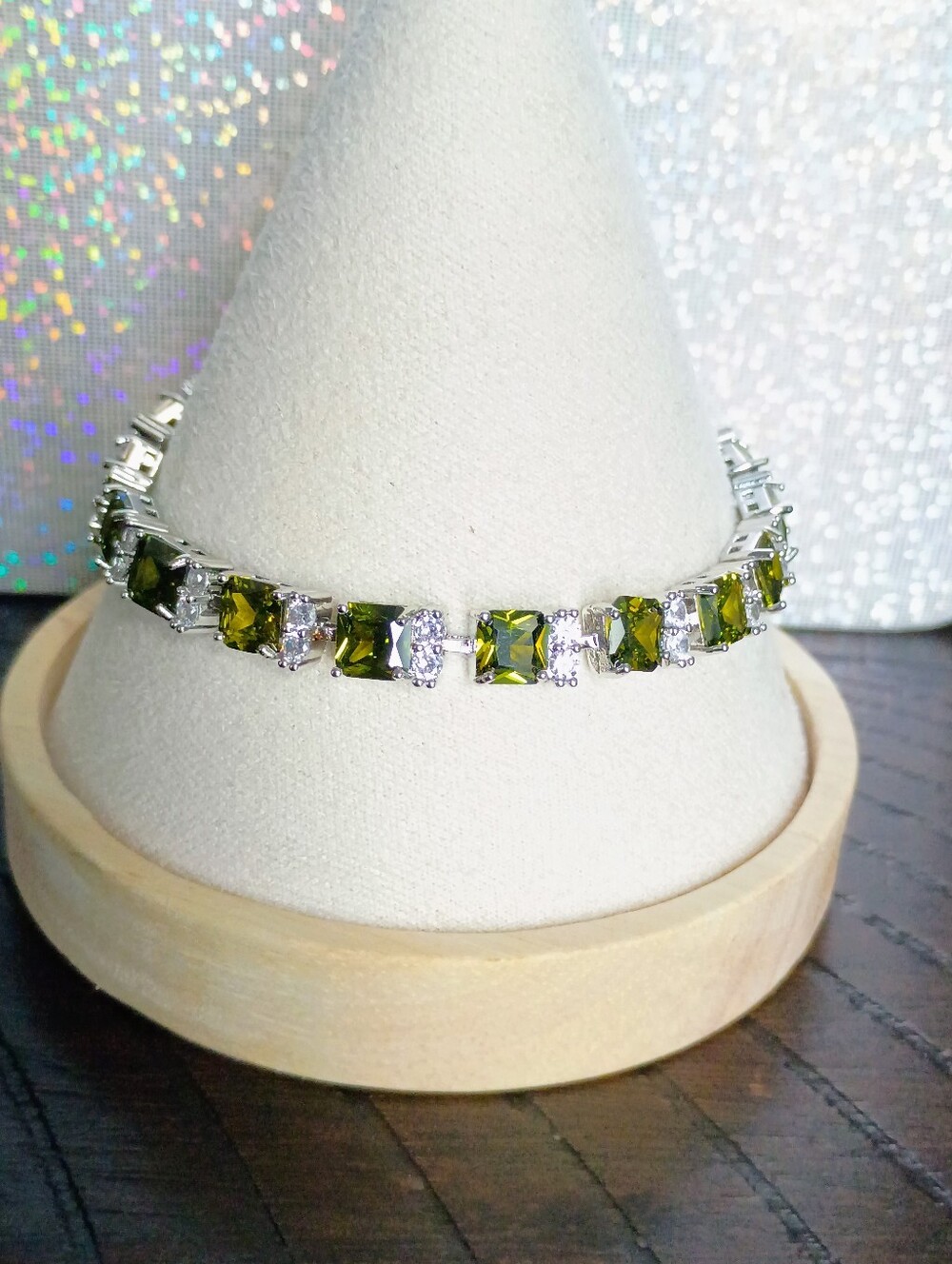 New White Gold Plated & Olive Green Tennis Bracelet with Clear Accents